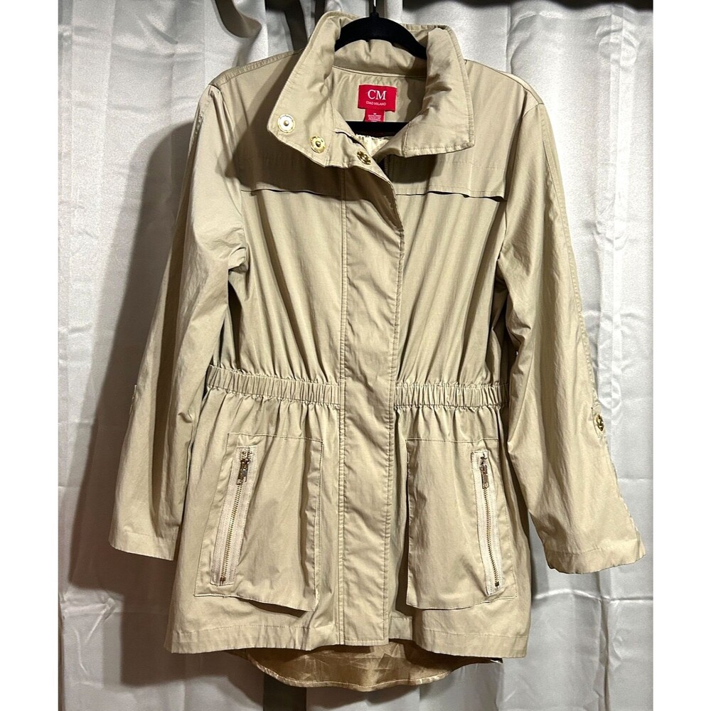 Ciao Milano Womens M Khaki Hooded Anorak Jacket Gold Snap Front